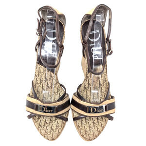 Christian Dior Monogram Strappy Wedge Sandals Brown Beige 39.5